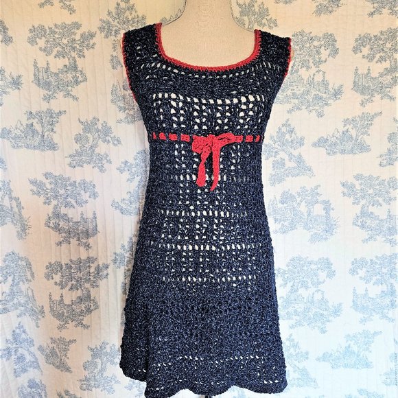 Size XS NEW Hand Crocheted Blue Mini Dress - Picture 2 of 9